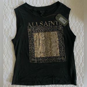 All Saints Black Tank Top with Snake Print